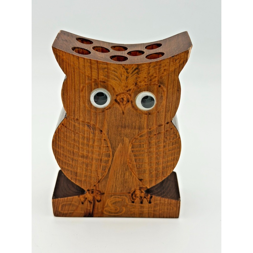 Hand Carved Wooden Owl Holder Rustic Folk Art Desk Organizer Pen Holder